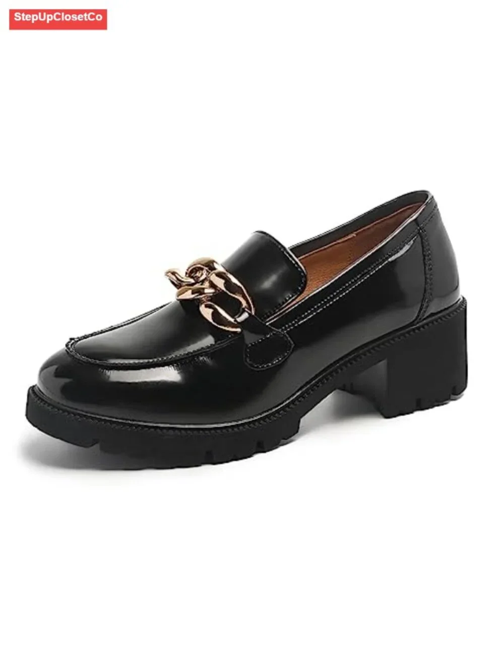 Chunky Platform Loafers Women Comfort Slip-on Faux Leather with Chain